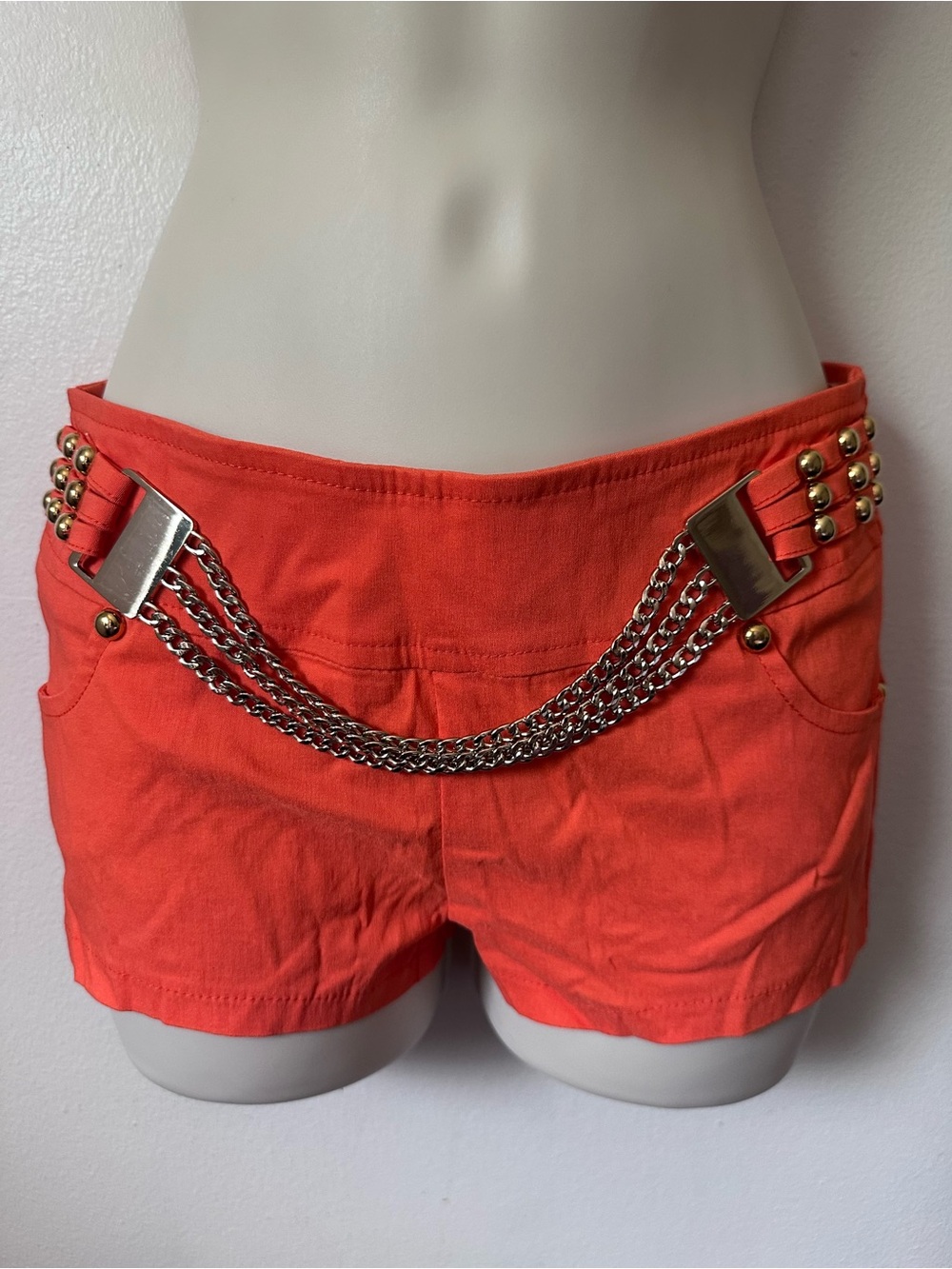 Orange Studded Chain-Accent Shorts